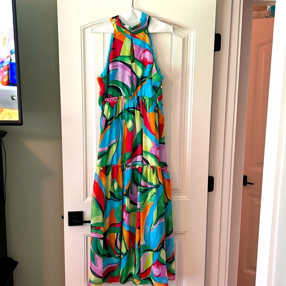 Nicole Miller NEW YORK Maxi Dress Green & Blue Multicolor High Waist